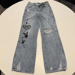 Playboy PacSun Jeans Womens 27 Light Wash Distressed Wide Leg Playboy Club Denim